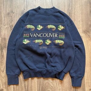 Fruit Of The Loom Mens Medium Navy Blue Vintage Y2K Vancouver Fish Crewneck
